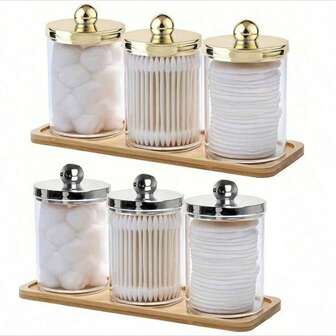 3pcs Qtip Holder Bathroom Organizers And Storage Box, Round Holder Cleaning Swab Dispenser Ball Holder With Tray Acrylic Apothecary Jars With Lids, Bathroom Containers For Floss Pick