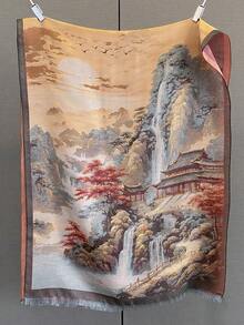 1pc Elegant Landscape Oil Painting Thick Faux Cashmere Jacquard Scarf, Women's Versatile Shawl Wrap For Autumn/Winter