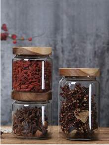 1 Stück Akazienholz versiegelter Glasgefäß mit Holzdeckel, Küchenlagerungsglas für Getreide, geeignet zum Aufbewahren von Kaffeebohnen, Pasta, Gewürzen, Süßigkeiten, Salz, Zucker, Tee, Glasflasche