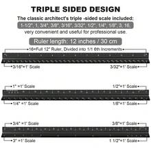 Architectural Scale Ruler Set, 2 Pack 12 Inch Aluminum Architect Ruler With Standard Metal Ruler, Imperial Architect Triangular Ruler With Etching For Architects, Engineers, Students And Draftsman