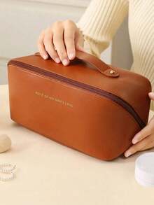 1pc Large Capacity Double-Layer Makeup Bag, Portable Travel Cosmetic Organizer, PU Leather Waterproof Makeup Case, Multi-Functional Toiletry Bag With Compartments, Travel Essentials, Cruise Essentials, Dorm Essentials, Gift For Friends And Family, Autumn Decor - Multicolor - View 19