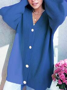 加大码女式纯色针织开衫，优雅成熟风格，百搭长袖休闲外套，纽扣设计，适合秋冬季 - 寶藍色 - 查看 1