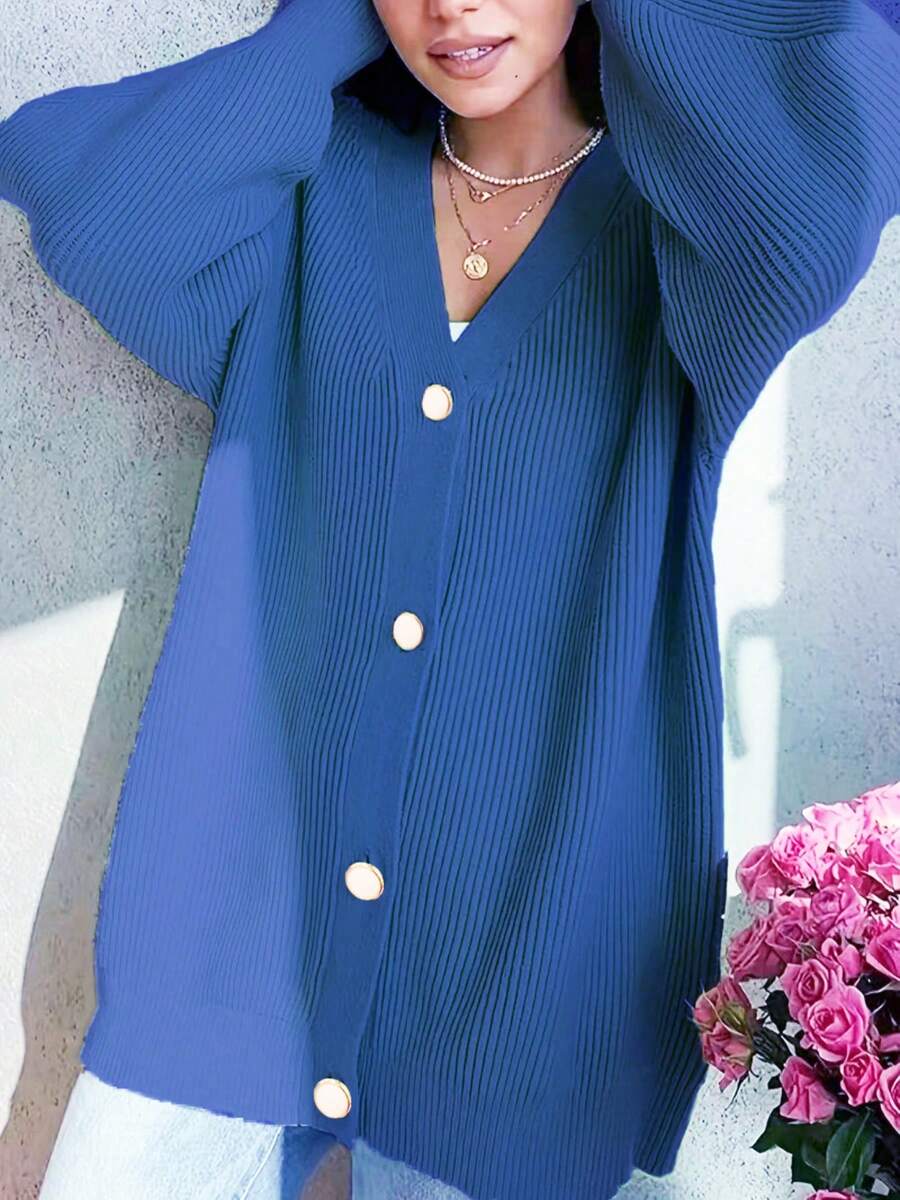 加大码女式纯色针织开衫，优雅成熟风格，百搭长袖休闲外套，纽扣设计，适合秋冬季 - 寶藍色 - 查看 1