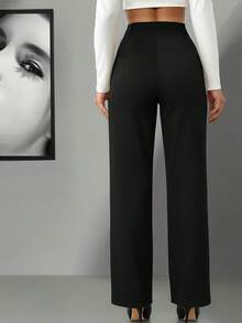 Pantalon femme à jambe ample de couleur unie avec pendentif chaîne métallique, style minimaliste mode, printemps/été - Noir - Voir 3