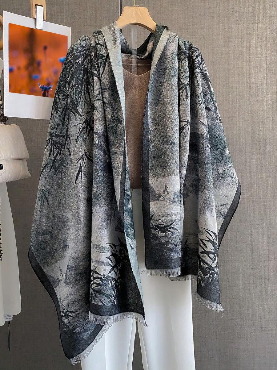 1pc Elegant Floral Jacquard Scarf, Versatile Warm Wrap Shawl For Women, Faux Cashmere