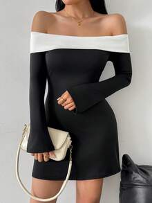 1 pieza Vestido de punto elegante y casual con bloqueo de color y espalda descubierta, adecuado para citas por la noche, bodas, fiestas de cumpleaños, fiestas de solteros, fiestas de regreso a la escuela, otoño/invierno