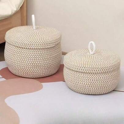 Cesto de armazenamento redondo em estilo boêmio, com tampa (1 ou 2 unidades), ideal para decoração de sala de estar, quarto, escritório ou mesa de cabeceira. Perfeito para guardar controles remotos, cosméticos, chaves, artigos de papelaria e diversos outros objetos pequenos.