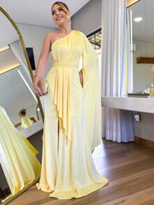 One Shoulder Long Prom Dress With Elegant Slit One Size Simple Elegant Party Beach - 黃色 - 查看 1