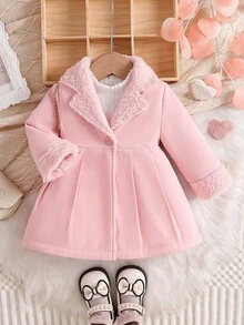 Baby Girls' Cute Elegant Minimalist Solid Color Lapel Long Sleeve Open Front Thick Fleece Mid-Length Jacket, Fashionable Versatile Comfortable Warm Baby Girl Coat, Toddler Clothing, Suitable For Autumn/Winter, Ideal For Mom To Dress Up Cute Baby For Daily Wear And Outings - Pink - View 3