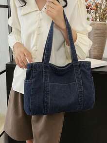 1pc High-Quality Blue Canvas Shoulder Bag, Large Capacity Commuting/Shopping Tote Bag, Minimalist Design Handbag For Women, Tote Bags For Students, Multiple Compartments, Perfect For Beach, School, Work & Daily Use