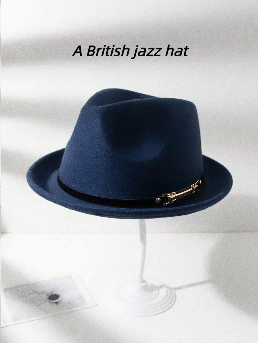 1 件男女通用小号卷边毡礼帽，爵士帽，配有腰带扣配件，适合万圣节、返校季、节假日等日常休闲穿着 - 藏蓝色 - 查看 1