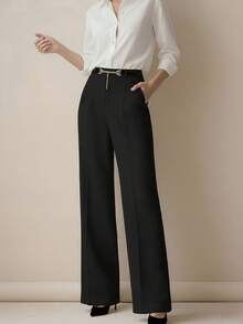 Pantalon femme à jambe ample de couleur unie avec pendentif chaîne métallique, style minimaliste mode, printemps/été - Noir - Voir 7