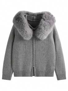 Women's Fur Collar Hooded Sweater Jacket, Korean Slouchy Petite Knit Top, Autumn/Winter - Grey - View 4