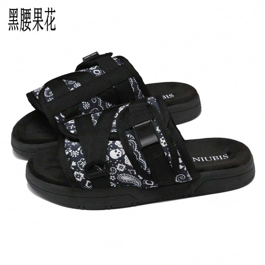 2025 High-End Feel Outdoor Slippers Unisex Beach Slide Sandals - Black Cashew Flower - View 1