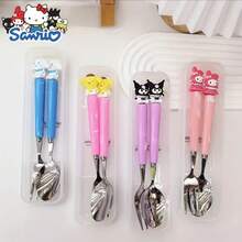 Sanrio 2pcs Stainless Steel Sanrio Hello Kitty & Kuromi Cutlery Set - Portable Cartoon Fork & Spoon Combo, Perfect For Kitchen, Dining, Camping, Picnics, And Christmas Gifts