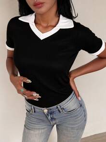 Playera camiseta tipo polo dama mujer casual crop top cuello puños contraste básica ceñida ajustada entallada acanalado cómoda fresca ligera diario moderna juvenil - Negro - Ver 6