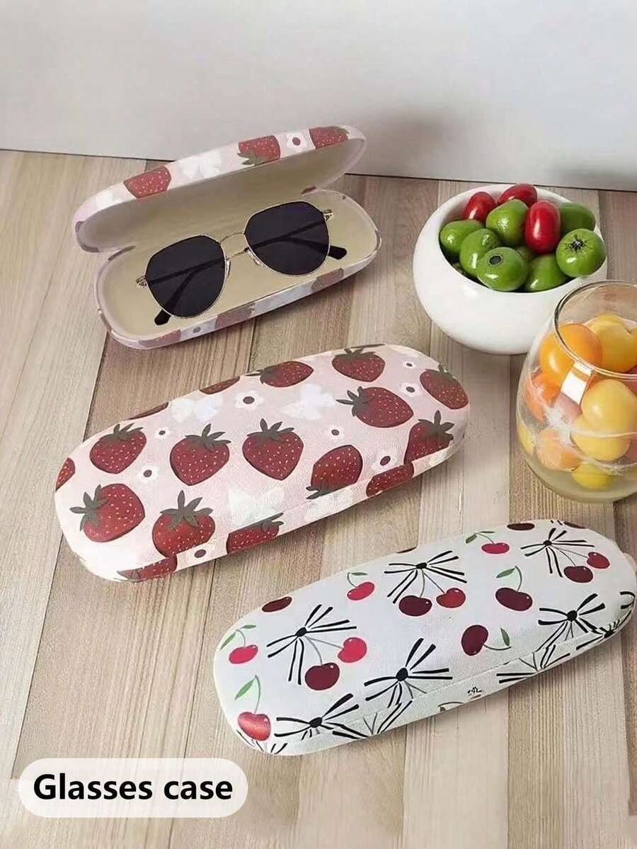 1pc Minimalist Fruit Eyeglasses Storage Box, Anti-Drop & Pressure Resistant Metal Box, Minimalist Student Eyeglasses Case, Cherry & Strawberry PU Leather Eyewear Case, All Season
