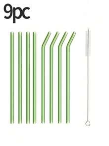 طقم قش من الزجاج 9 قطع مع فرشاة تنظيف - قش قابل لإعادة الاستخدام منحني ومستقيم للمشروبات والكوكتيلات - مثالي للمنزل والحفلات والبار ومحلات الشاي الفقاعي والمدارس