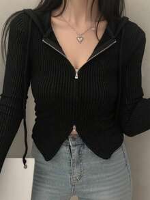 YCYC 秋冬設計女款雙向拉鍊長袖連帽針織開襟衫 黑色 - 黑色 - 查看 1