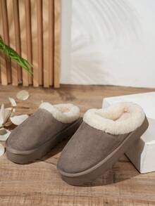 Herbst/Winter weiche, plüschige, warme, leise, dicksohlige, geschlossene Pantoffeln mit mittlerem Absatz für Teenager, Mädchen Mode einfache, vielseitige, lässige Slip-On Pantoffeln