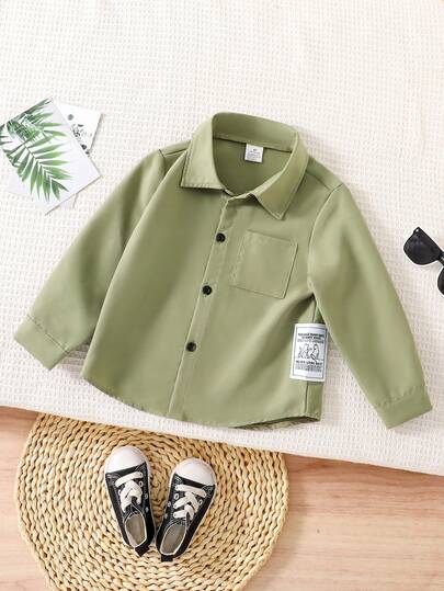 1pc Young BoySpring/Autumn New Collared Long Sleeve Shirt, Boys' Gray-Green Casual Sports Outdoor Activewear