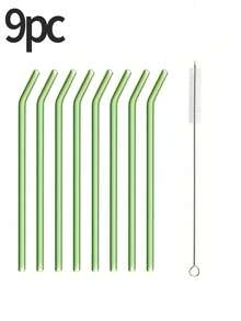 طقم قش من الزجاج 9 قطع مع فرشاة تنظيف - قش قابل لإعادة الاستخدام منحني ومستقيم للمشروبات والكوكتيلات - مثالي للمنزل والحفلات والبار ومحلات الشاي الفقاعي والمدارس