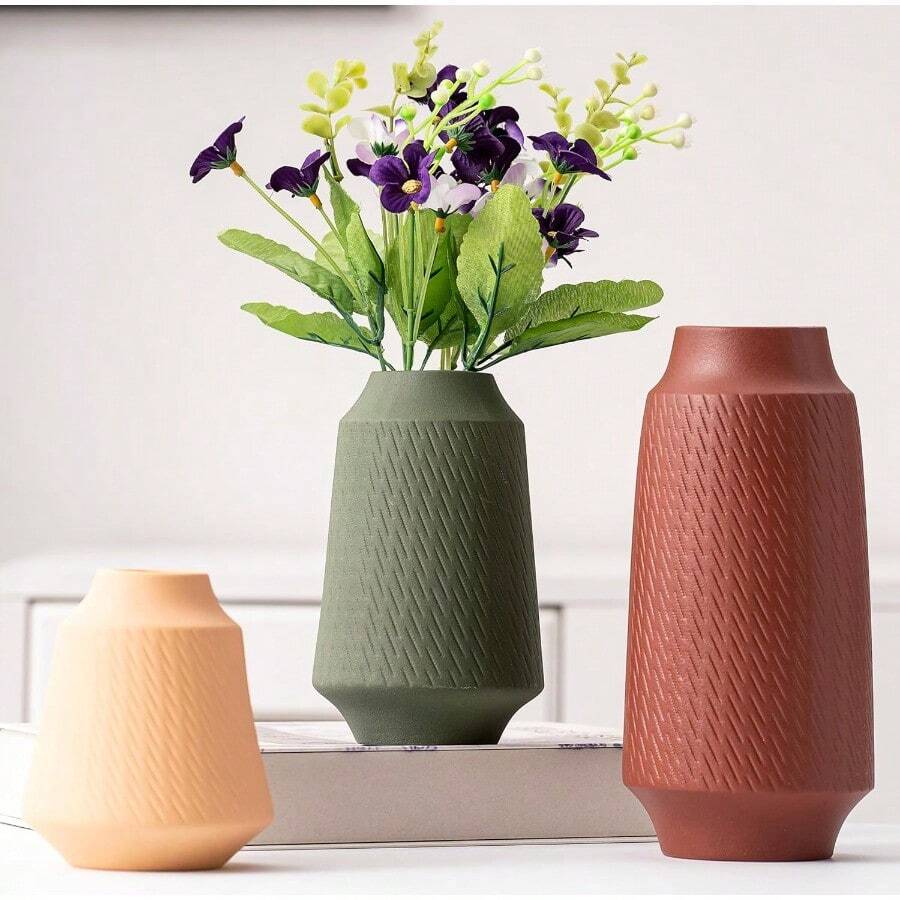 DCeramic Vase Set Of 3 Modern Multicolor Pattern Flower Vases For Home Decor Office Centerpieces Boho Farmhouse Style  Orange10 - Redgreenorange - View 1