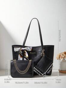 女士三件套：单肩围巾、托特包、链条单肩包和零钱包，鳄鱼压纹 - 黑色 - 查看 4