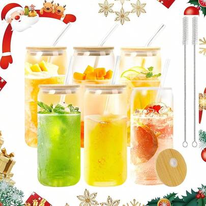 2 Piezas de Vasos de Vidrio de 16oz, Juego de Vasos de Vidrio con Tapa, Adecuado para Whisky, Café, Cerveza, Incluye 2 Pajitas de Vidrio y 1 Cepillo para Pajitas