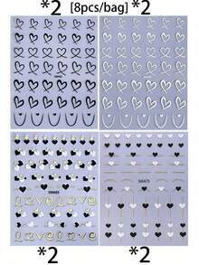 4pcs Black & White Hollow Heart Shaped French Line Design DIY Valentine's Day Romantic Holographic Self-Adhesive Gel Polish Nail Art Decals