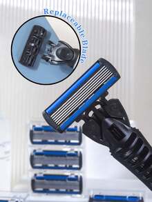 男士手动剃须刀，配备6层不锈钢剃须刀片和可更换刀头 - 彩色 - 查看 3