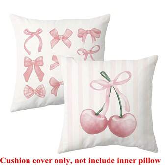 2pcs Sweet Modern Pink Pillow Covers With Bow And Cherry Pattern, Modern Style Pillow Shams, Suitable For Living Room, Bedroom, Sofa, Bed Throw Pillow Covers (No Filling)