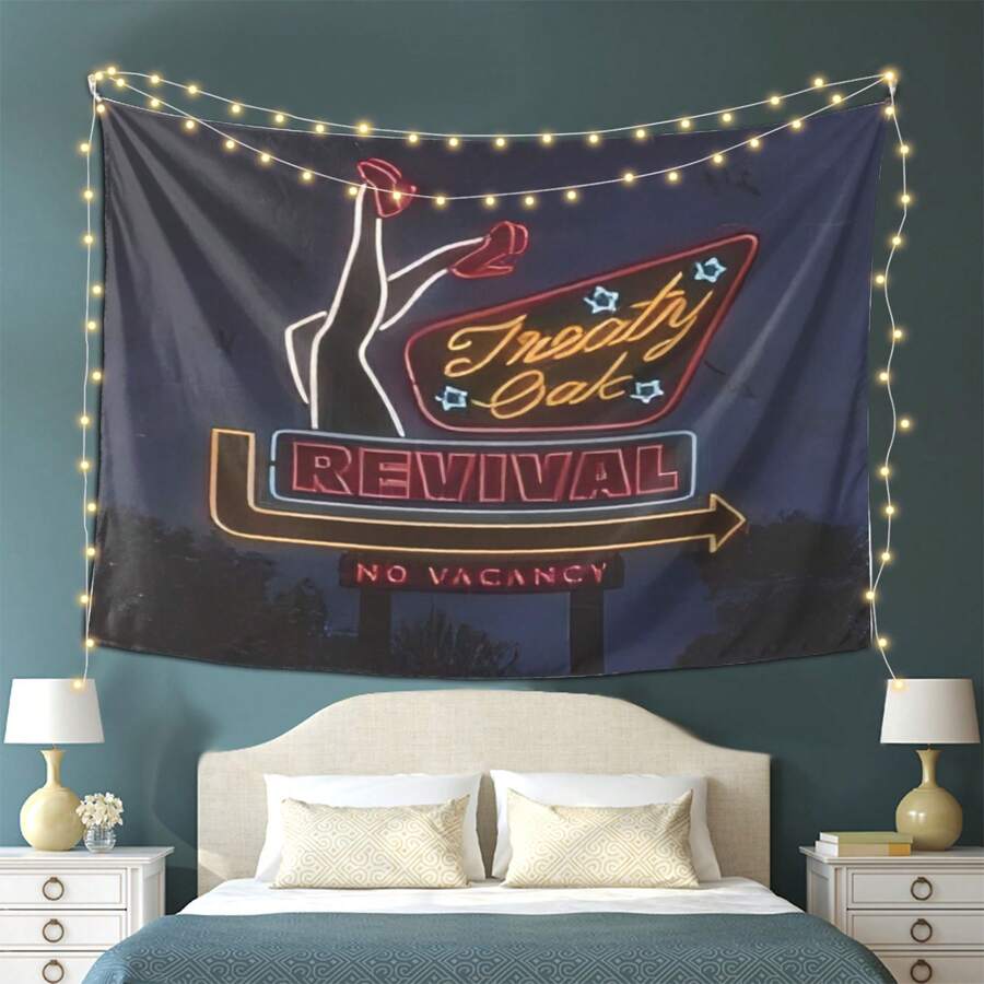 Neon-Style Tapestry Wall Hanging - Retro Vintage "Treaty Oak Revival" No Vacancy Sign Design With Stars & Arrows, Peach Light Beige Fabric Home Decor For Living Room, Bedroom, Office, Themed Parties (No Electricity Needed), Wall Decor - 彩色 - 查看 1