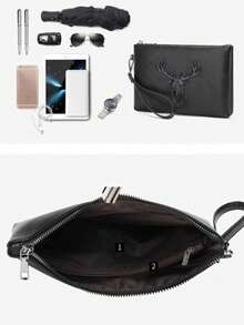 1 件黑色鹰/鹿头图案 PU 皮革手拿包，时尚简约商务风格男士腕包，拉链开合带腕带，可容纳手机、现金、卡，防水防刮，轻巧便携，适合工作、会议、用餐，是送给男士、丈夫、老板、同事的绝佳礼物