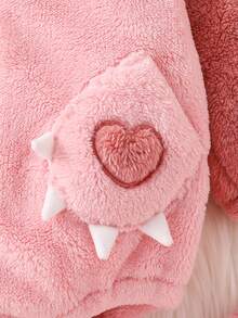 Baby Girls Cute Monster Design Baby Bodysuit + Sock Set, Cartoon Hooded Outfit For Autumn/Winter - Pink - View 5