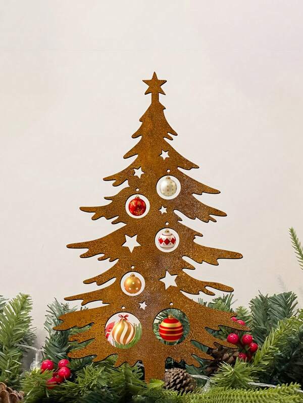 1 pieza Estaca de árbol de Navidad de metal vintage oxidado - Decoración navideña resistente a la intemperie para exteriores, con diseño de estrella y adorno, perfecto para patio, jardín, porche o cerca, decoración del hogar y jardín para Navidad, regalo navideño