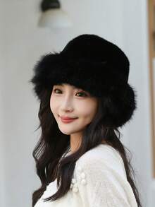 Classic Solid Color Autumn/Winter Women's Bucket Hat, Thickened Fluffy Fashion Simple Design, Mongolian Style, Polyester Fiber Soft Fleece Decoration, Casual Winter Warm