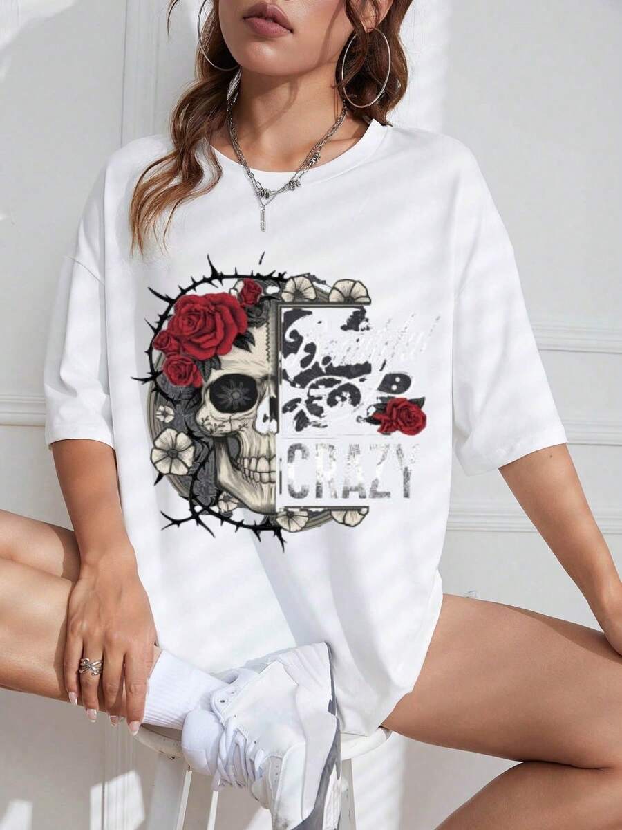 Camiseta con estampa de calavera y rosas y texto Crazy,Camiseta casual estampada de manga corta y cuello redondo, 100 % algodón - Blanco - Ver 1