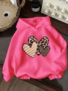 Toddler Girls' Cartoon Pattern Warm Hooded Sweatshirt - Hot Pink - View 1