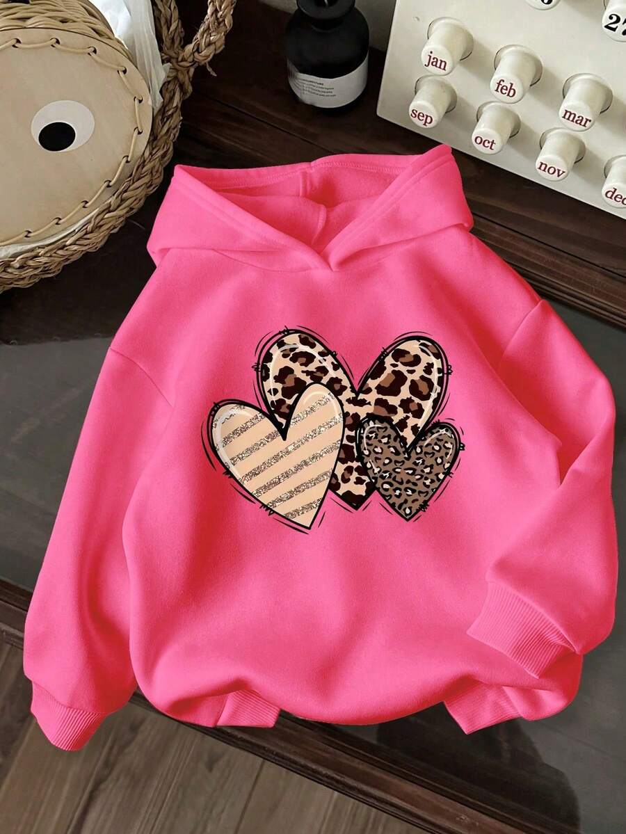 Toddler Girls' Cartoon Pattern Warm Hooded Sweatshirt - Hot Pink - View 1