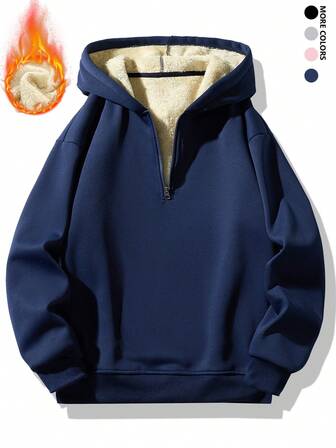Men's Casual Hooded Half-Zip Thermal Lined Thick Sweatshirt, Fall Winter, Long Sleeve Top