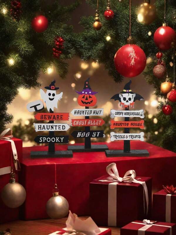 1pc Cute Wooden Plaque Ornaments For Halloween, Hong Kong-Style Ghost Festival Directional Signs, Desktop Decorations