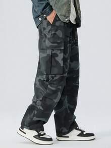 Men Plus Camouflage Cargo Pants, Straight Leg Multi-Pocket Drawstring Woven Trousers, Suitable For All Seasons, Fall - Army Green - View 1