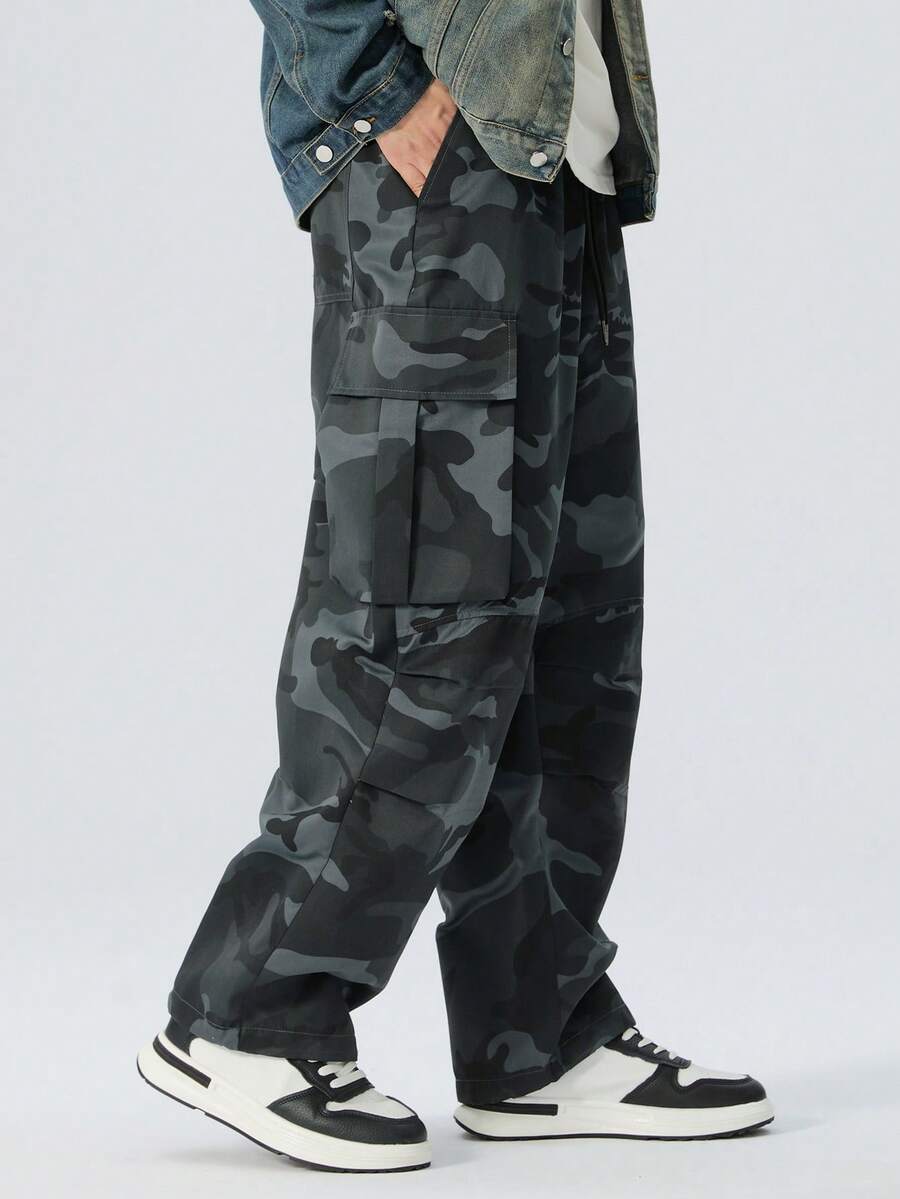 Men Plus Camouflage Cargo Pants, Straight Leg Multi-Pocket Drawstring Woven Trousers, Suitable For All Seasons, Fall - Army Green - View 1