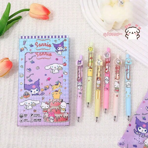 6 Stück/Box super süße Sanrio Sticker Stifte, schnell trocknende Klickstift mit Acryl Stickern und schwarzer Tinte, Schul- und Bürobedarf sowie Preise für Studenten