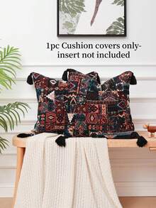 件黑色波西米亞抱枕套，帶流蘇和絨球，土耳其風格沙發裝飾墊，雪色提花