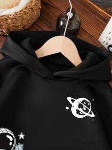 Young Boy Cartoon Pattern Warm Sweatshirt - Black - View 3