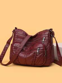 女士纯色大容量手提包，多拉链口袋复古优雅斜挎包，小号皮革拉链手柄，编织装饰，防水 PU 防盗户外购物妈咪包，轻便便携小袋，可装手机和硬币，适合购物、聚会、商务 - 紅色 - 查看 5