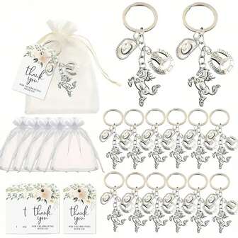 21件套西部牛仔钥匙扣派对礼品套装，包含包包挂饰、钱包吊坠 - 不锈钢钥匙圈，饰有帽子、靴子和马蹄铁图案，附赠感谢卡和麻布礼品袋 - 马术主题钥匙扣礼品，牛仔主题派对和婚礼回礼