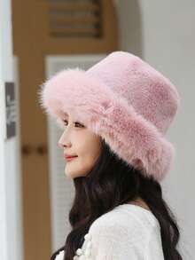 Cappelli classici di colore unito da donna per autunno/inverno, cappello a secchiello in finta pelliccia arricchito, nuovo stile mongolo in colore unito casual in pile di poliestere con decorazioni in pelliccia morbida per l'autunno
